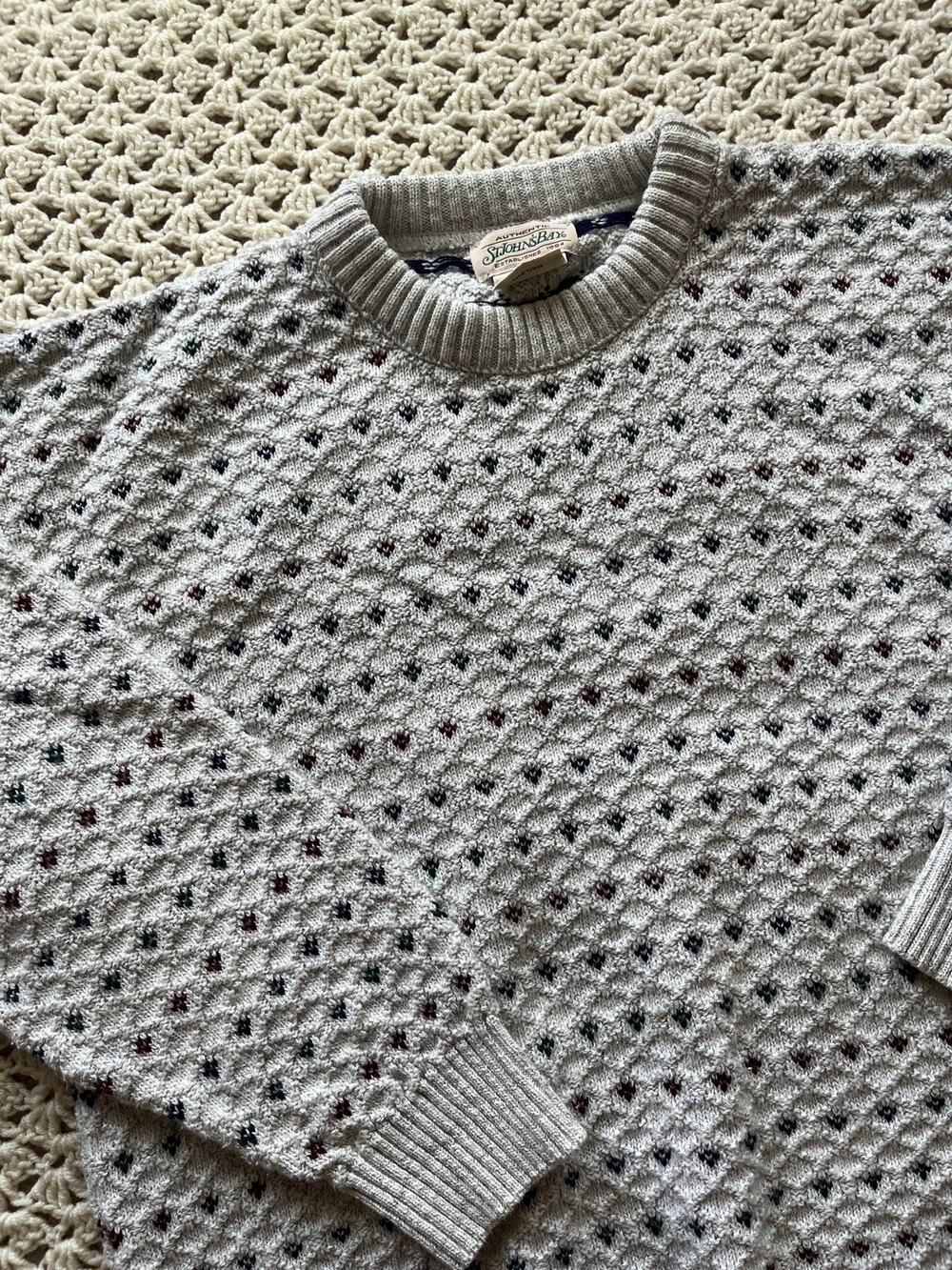 Vintage 90s Grandpa Sweater Gray Textured Cotton Blend Knit Size Large